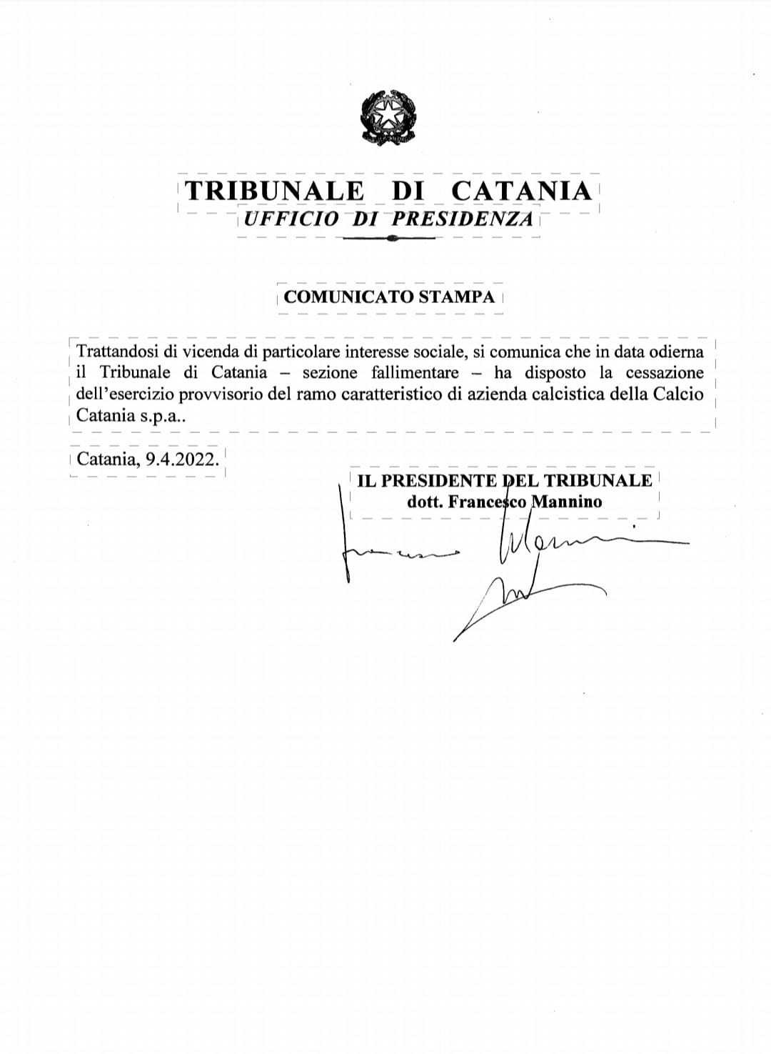 comunicato tribunale Calcio Catania