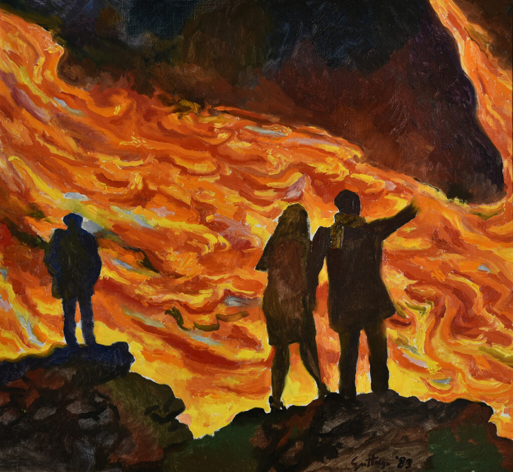 Renato Guttuso - _Tre persone che guardano l'Etna_ - olio su tela - 55x60 cm - 1983
